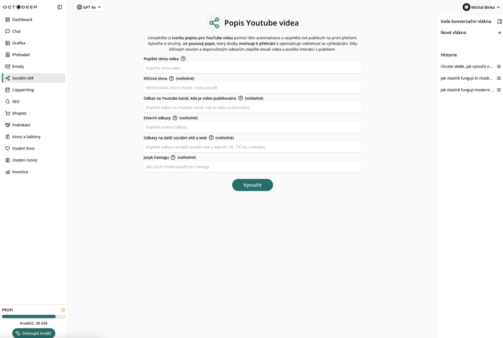 Popis YouTube videa pomocí AI automatizace