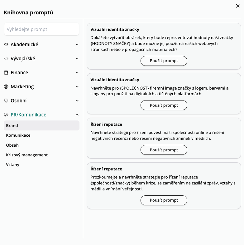Knihovna promptů v aplikaci Octodeep.