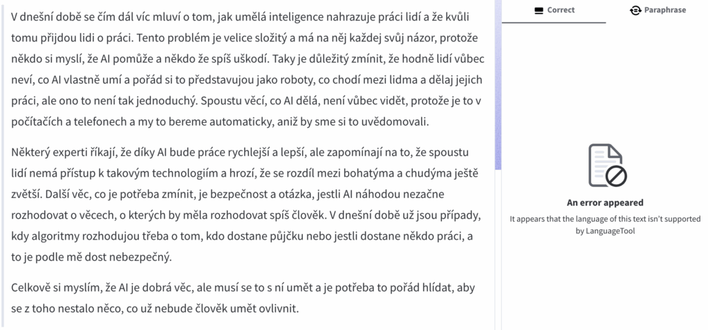 Chybný text vložený do language tool