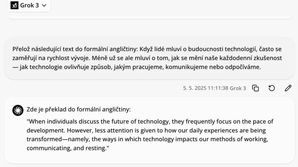 Překlad v Ai chatu do formální angličtiny v modelu Grok 3