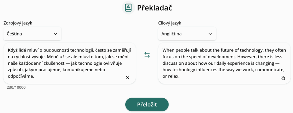 Ukázka překladu v AI překladači OCTODEEP - ukázka překladu