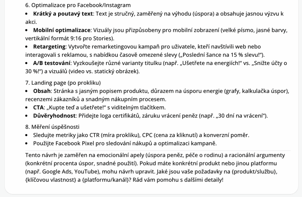 Výstup promptu v knihovně promptů v kategorii marketing