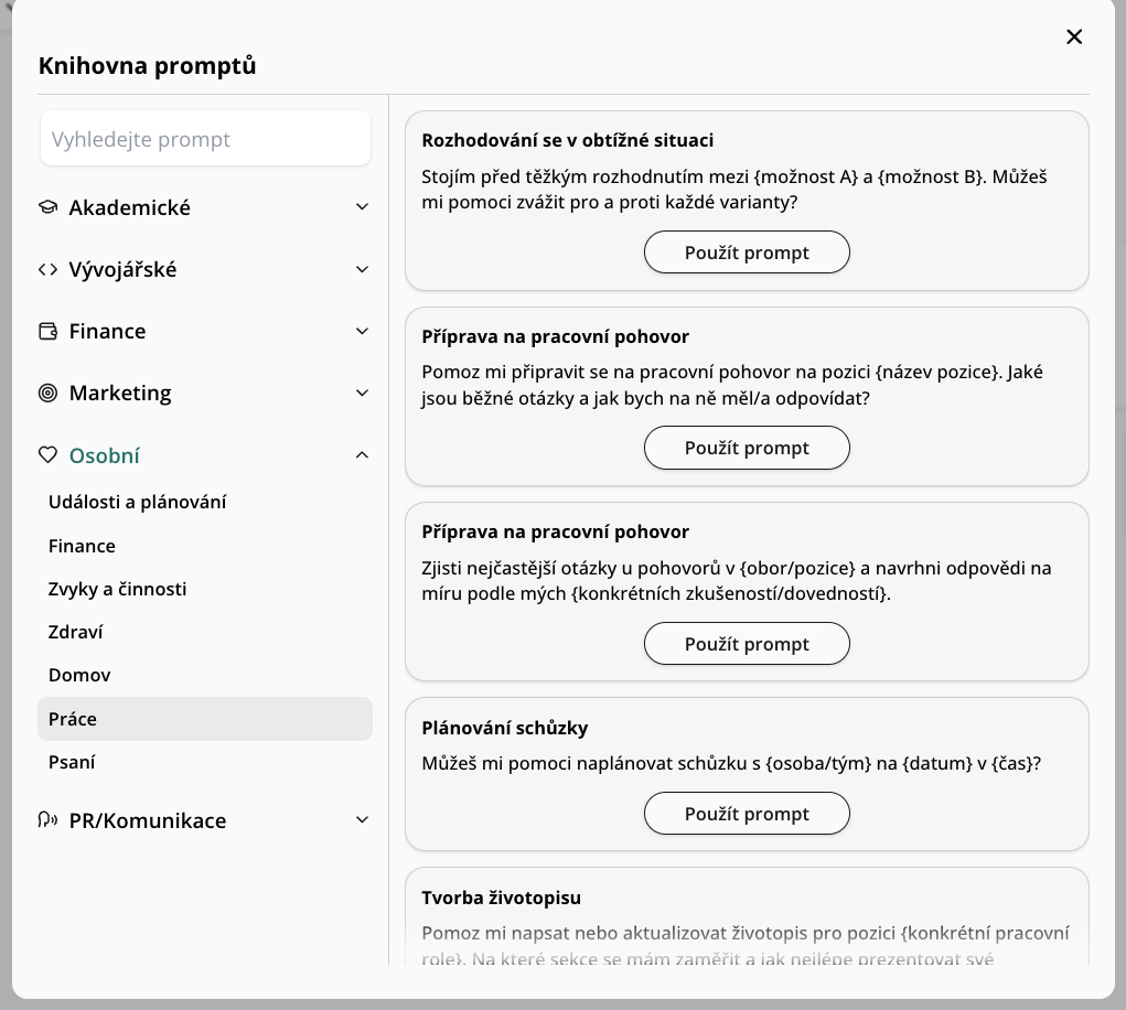 AI prompty v kategorii osobní v OCTODEEP