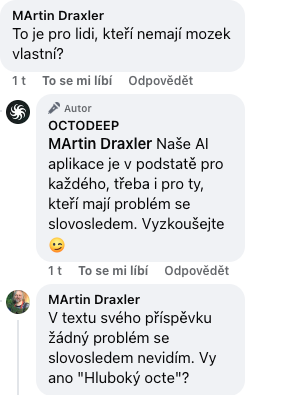 Ukázka vtipné odpovědi na komentář pomocí AI.