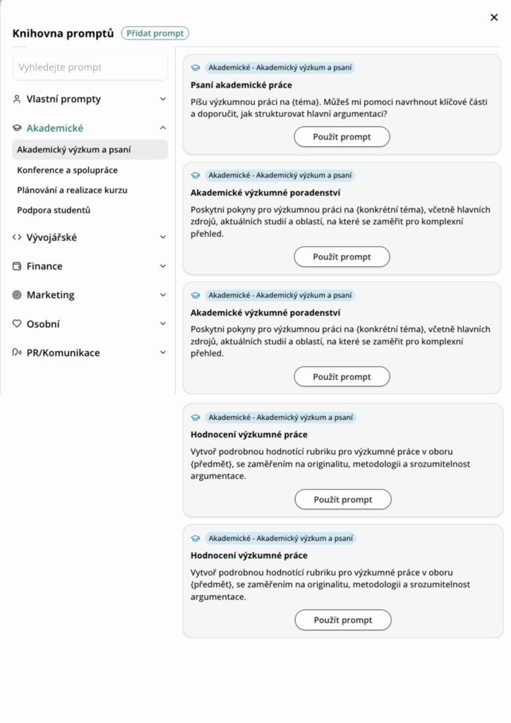 Ukázka knihovny promptů OCTODEEP v kategorii Akademické, psaní bakalářské práce