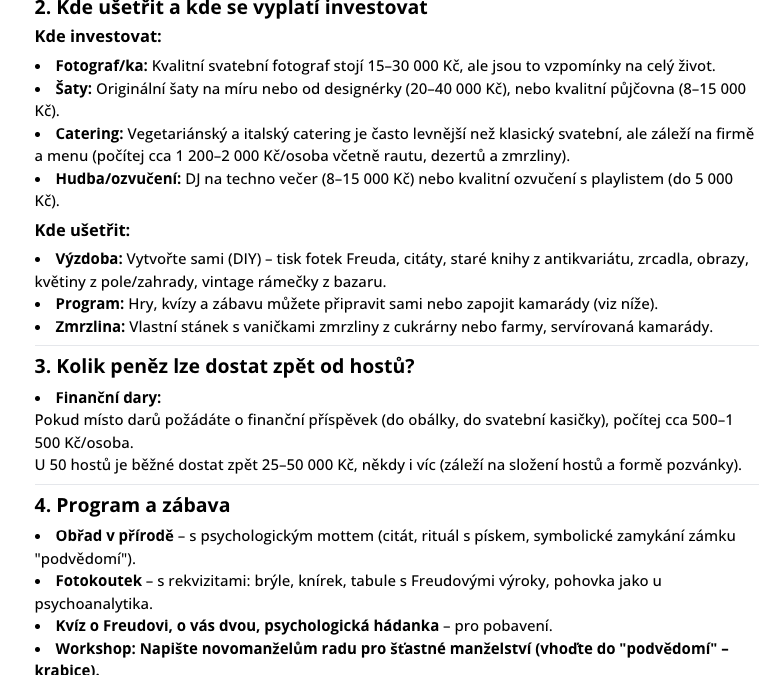 Finanční plán svatby vygenerovaný AI.