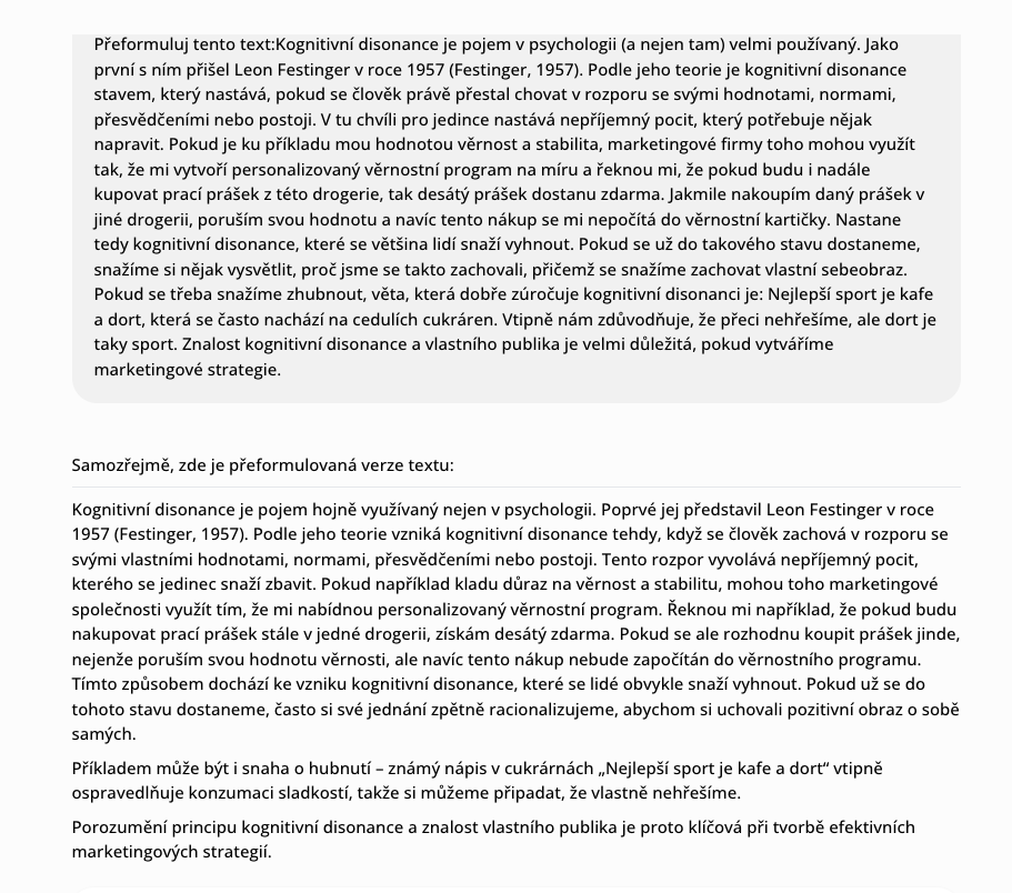 Využití AI u seminární práce: reformulace textu.