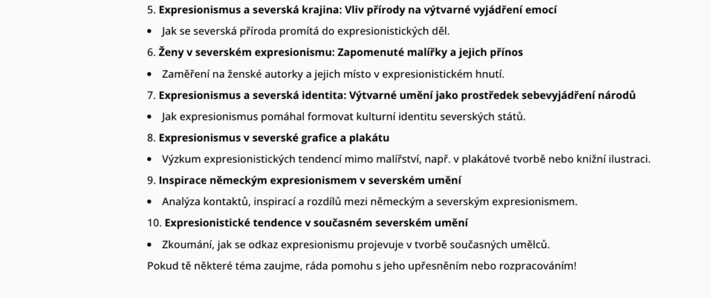 Ukázka návrhu témat bakalářské práce vygenerovaných s ChatGPT přes OCTODEEP
