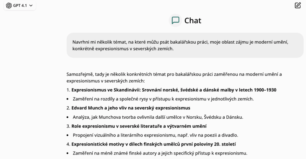 Ukázka návrhu témat bakalářské práce vygenerovaných s ChatGPT přes OCTODEEP