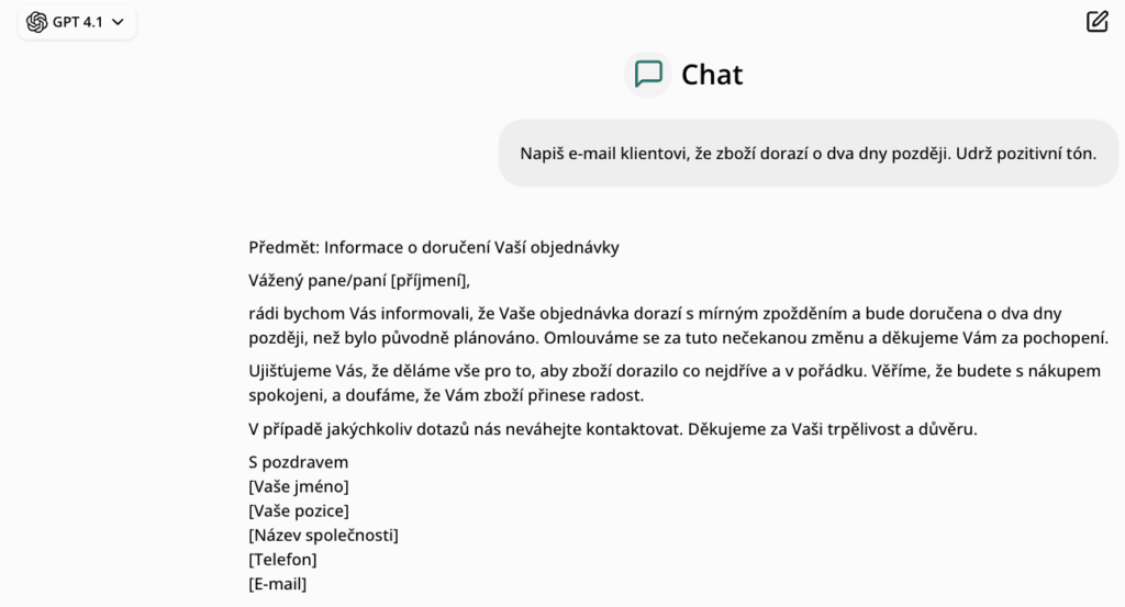 Ukázka výstupu vygenerovaného emailu ChatGPT pro článek jak pracovat s ChatGPT