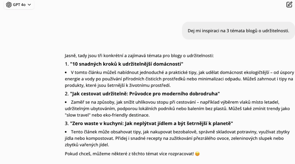 Ukázka výstupu vygenerovaných témat pro blog s ChatGPT pro článek jak pracovat s ChatGPT
