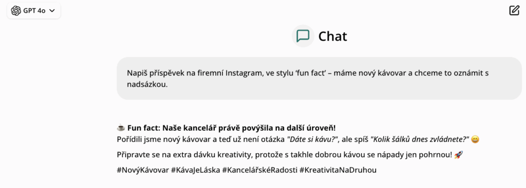 Ukázka výstupu ChatGPT instagram postu pro článek jak pracovat s ChatGPT