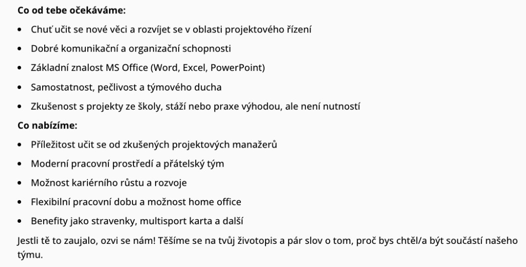 Ukázka výstupu vygenerovaného popisu pracovní pozice s ChatGPT pro článek jak pracovat s ChatGPT