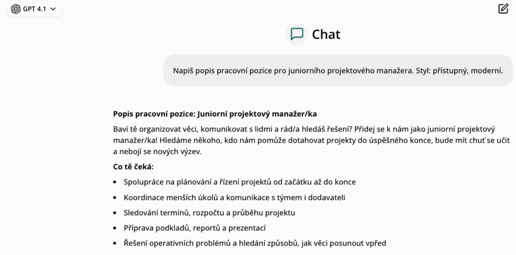 Ukázka výstupu vygenerovaného popisu pracovní pozice s ChatGPT pro článek jak pracovat s ChatGPT