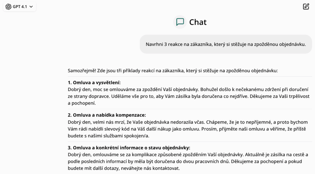 Ukázka výstupu vygenerovaných reakcí s ChatGPT pro článek jak pracovat s ChatGPT