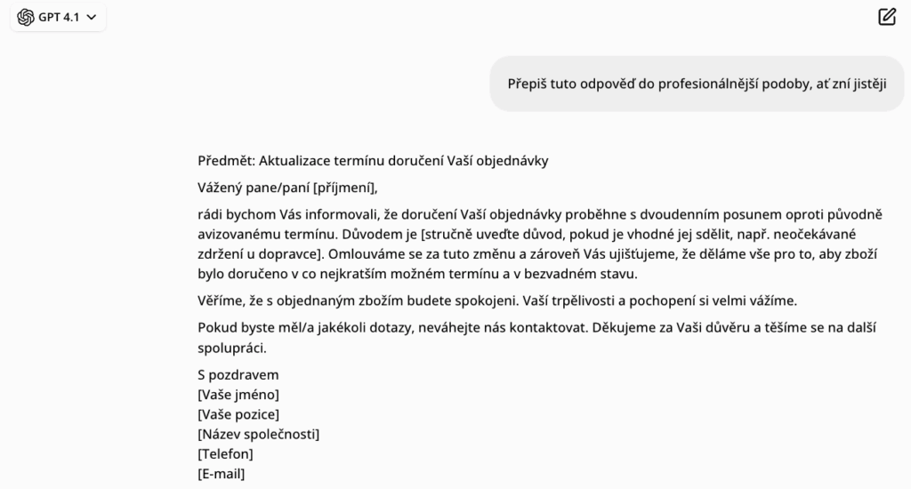 Ukázka upraveného výstupu vygenerovaného emailu ChatGPT pro článek jak pracovat s ChatGPT