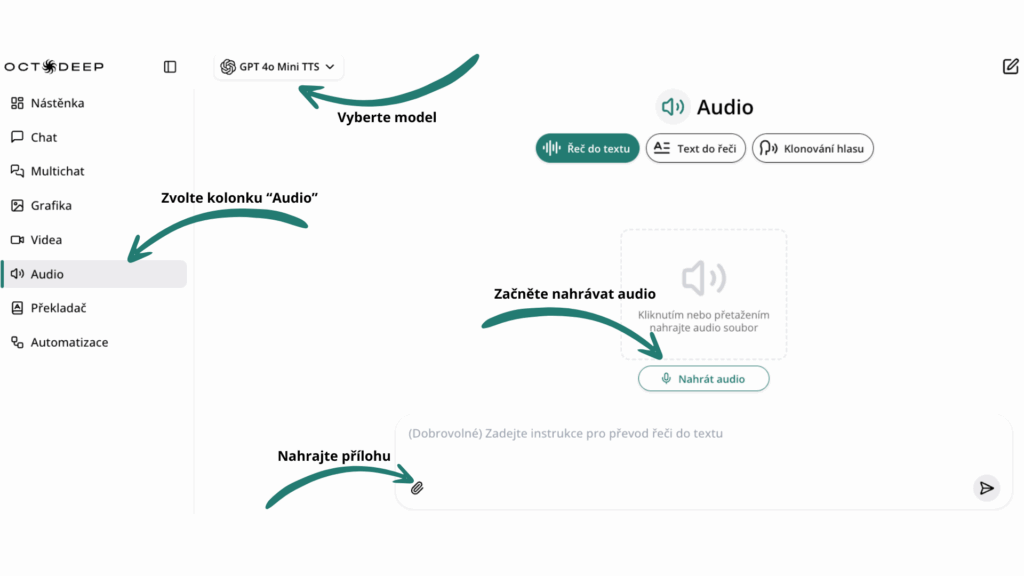 Ukázka rozhraní OCTODEEP, AI Audio, řeč do textu